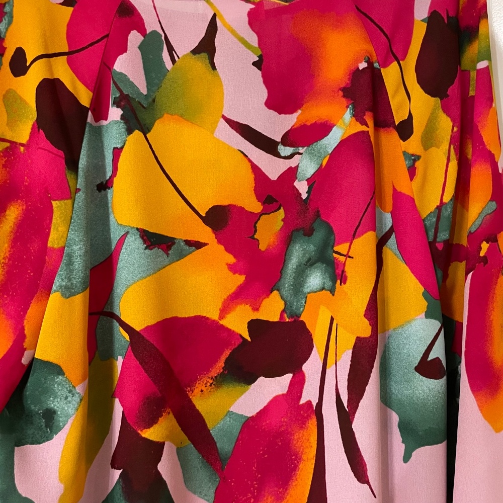 J Jill Christian Siriano Pink Floral Blouse Medium Petite Long Sleeves Abstract - Picture 8 of 11